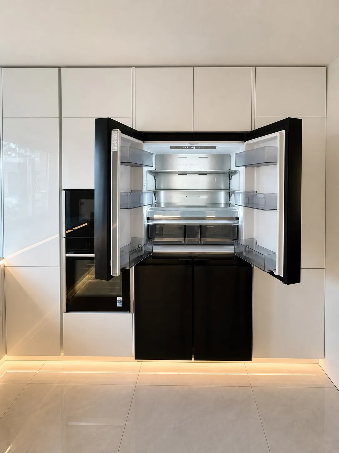 Geöffneter schwarzer Side-by-Side-Kühlschrank in weißer Hochglanz-Schrankwand mit Sockelbeleuchtung