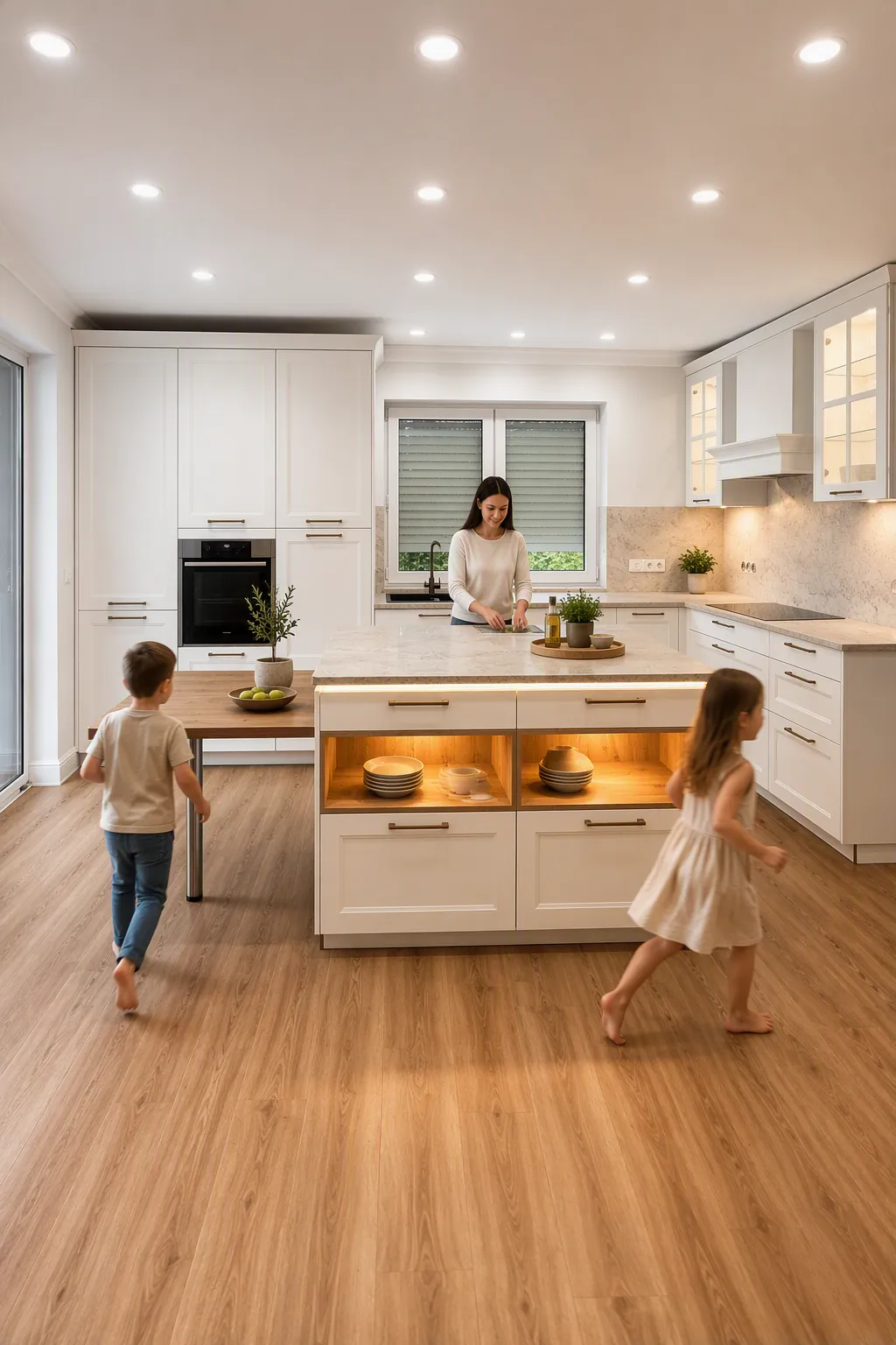 Weiße Landhausküche mit Kochinsel, beleuchteten Eichen-Nischen und spielenden Kindern